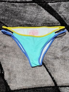 VICTORIA SECRET 2016 THE STRAPPY CHEEKY TEAL BLUE YELLOW BIKINI SWIM BOTTOM